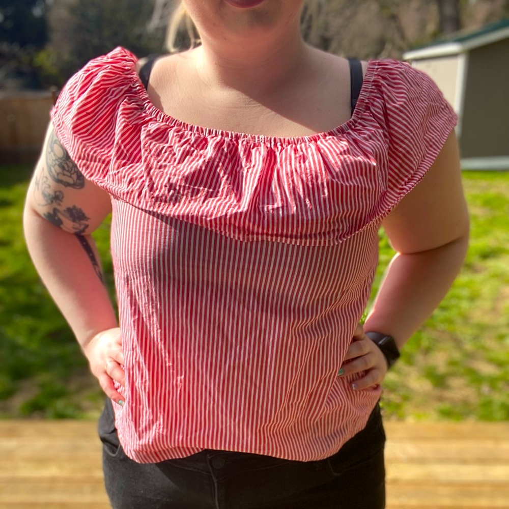 Cute Red Ruffle Striped Blouse